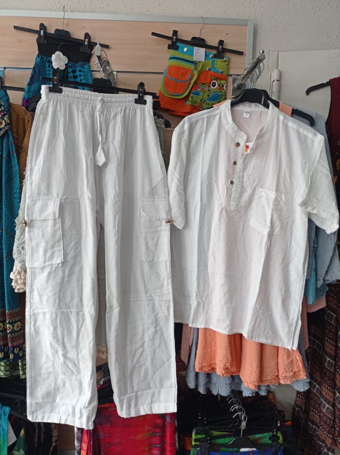 Pantalón hippie liso color blanco con camisa a juego - Tienda de Ropa Hippie